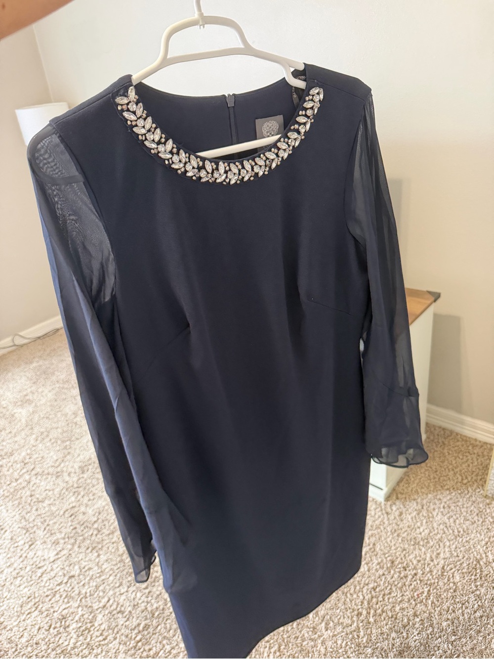 Vince Camuto Navy Long-Sleeve Jeweled Neck Sheath Dress